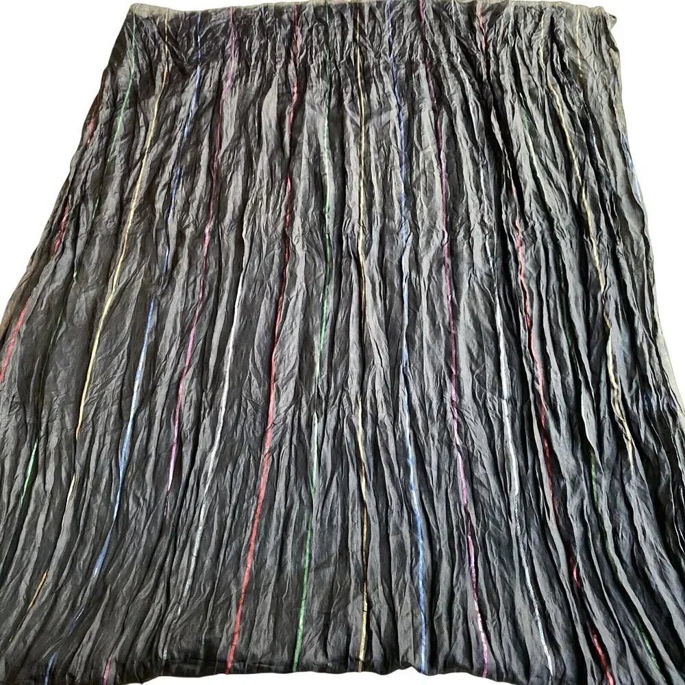 Silky black crinkle fabric scarf wrap shawl multicolor metallic ribbon stripes